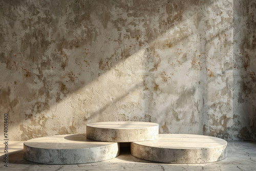 3d render of a concrete podium with a soft warm light casting shadows