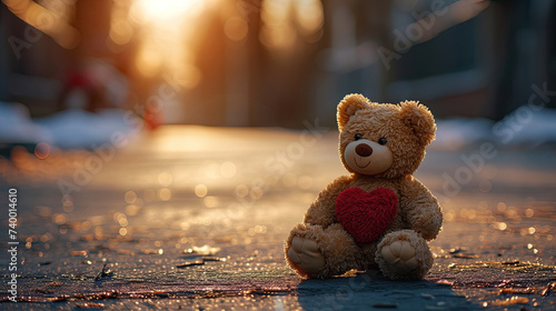 teddy bear sits on the street with a heart 