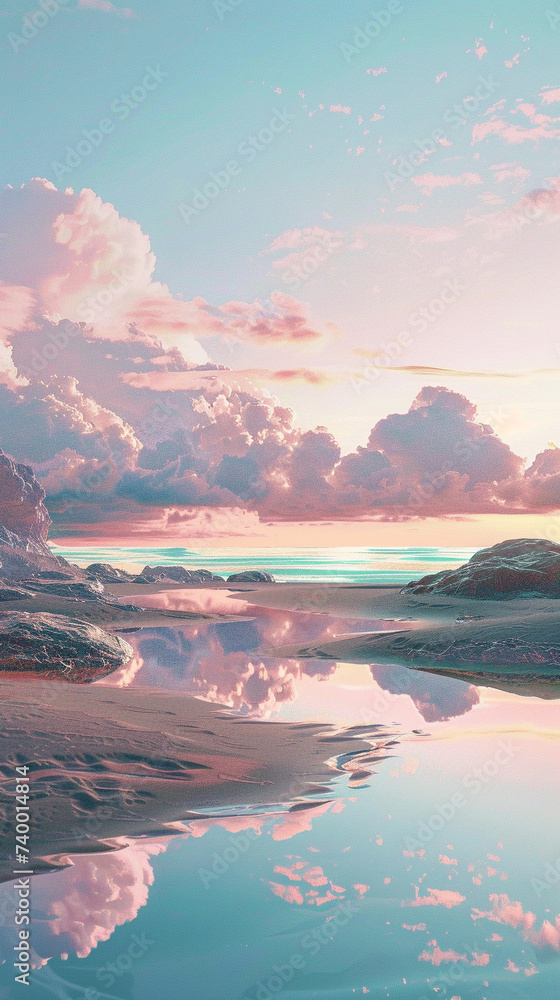 3d render of a landscape poster against a sunset sky on a quiet beach