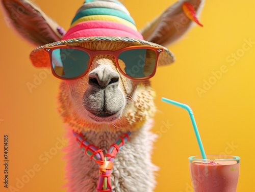 3d render of a llama wearing sunglasses and a beach hat sipping a smoothie