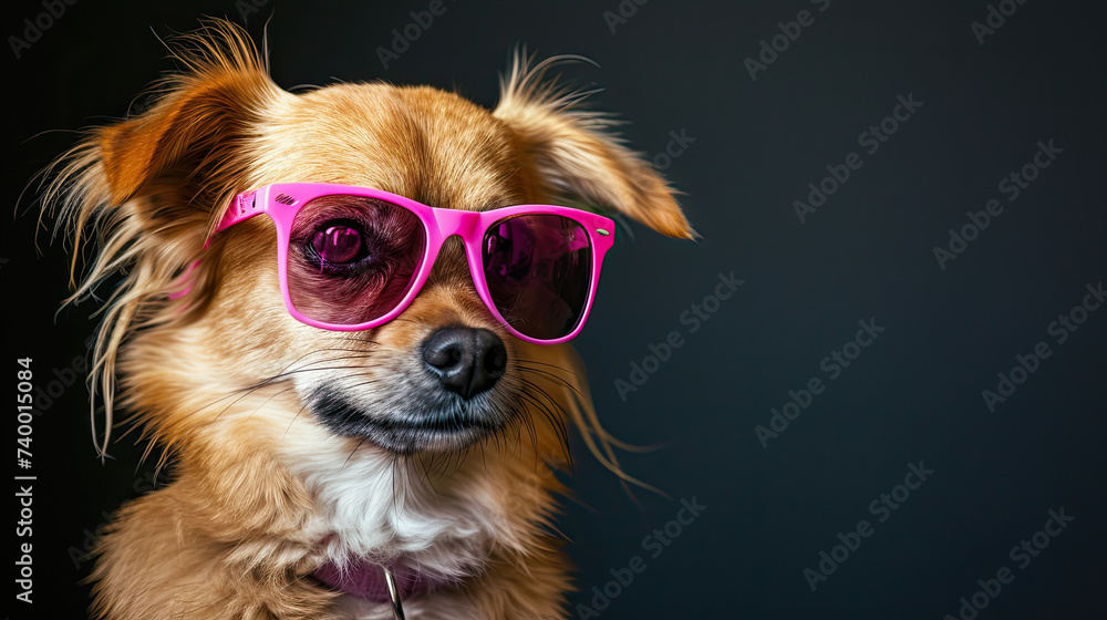 a dog looking at camera wearing pink sunglasses isolated on black background a dog looking at camera wearing pink sunglasses isolated on black background