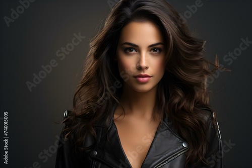 Stylish young woman rocks leather jacket in fashion portrait. Concept Fashion Photography, Stylish Outfits, Leather Jacket, Young Woman, Portrait