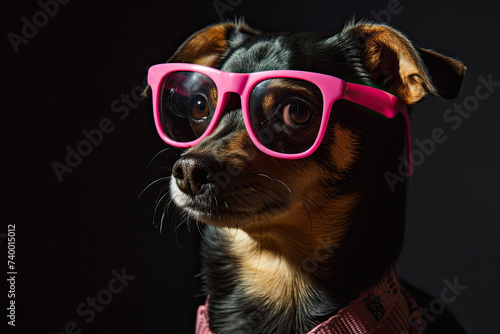 a dog looking at camera wearing pink sunglasses isolated on black background © Rangga Bimantara
