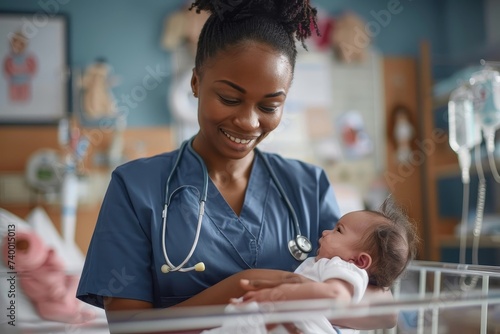 A gentle nurse cradles a precious newborn in a well-equipped hospital room, radiating compassion and nurturing care for both the tiny child and its grateful mother photo