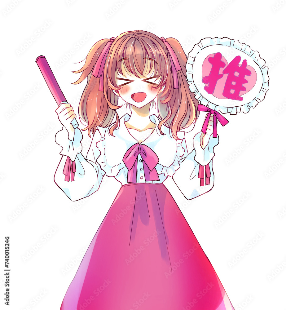 うちわとサイリウムを持って推し活をする女性 はしゃぐ 赤 うちわとサイリウムを持って推し活をする女性 はしゃぐ 赤