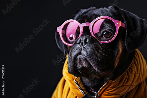 a dog looking at camera wearing pink sunglasses isolated on black background © Rangga Bimantara