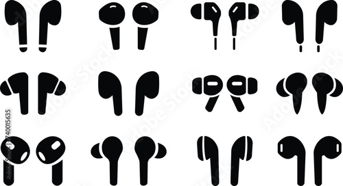 HandFree icon set. Headphones wireless earphones flat black vector collection isolated on transparent background. Headset silhouette earphone symbol computer technology icon. Hand free group.
