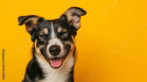 A banner with a happy black mongrel dog with tongue hanging out on a yellow background. Horizontal photo with a dog, copy space, studio photo.