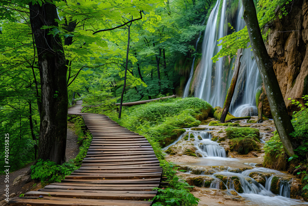 Obraz premium the wooden path goes into the woods with waterfalls beside it. view of footbridge in forest