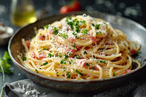 Close-up image of a single dish of Spaghetti Carbonara, Italian cuisine, detailed textures,