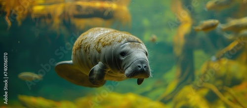 A detailed view of a baby Amazonian manatee, from the species Trichechus inunguis, swimming in an aquarium. photo