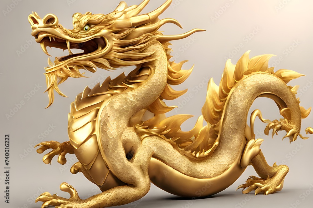 horizontal left to right 3d chinese happy gold dragon with happy face