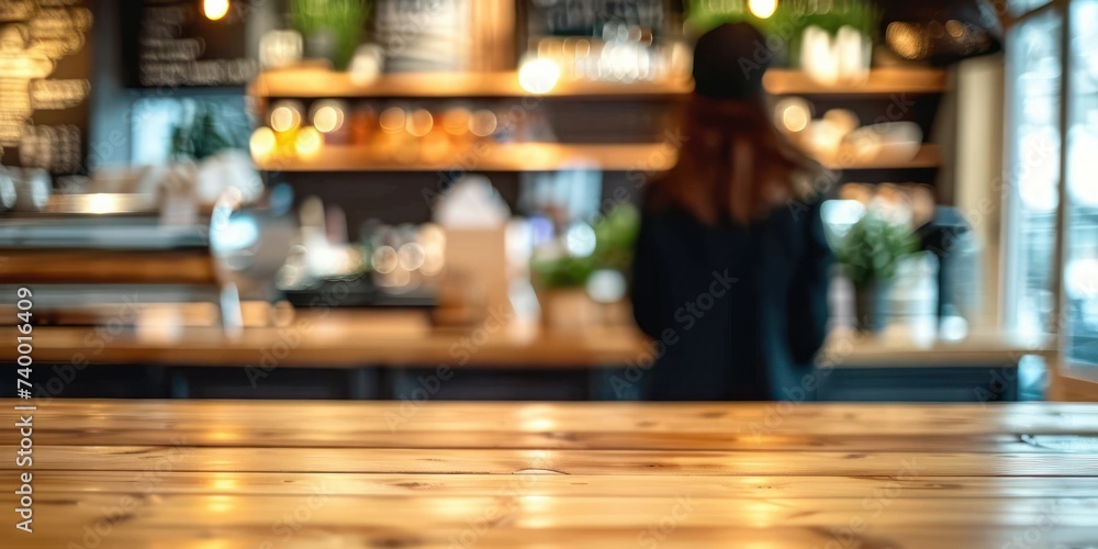 Wooden table in cafe perfect for product placement, with blurred background of female customer setting business and leisure ideal for showcasing ambiance of modern dining retail space Wooden table in cafe perfect for product placement, with blurred background of female customer setting business and leisure ideal for showcasing ambiance of modern dining retail space