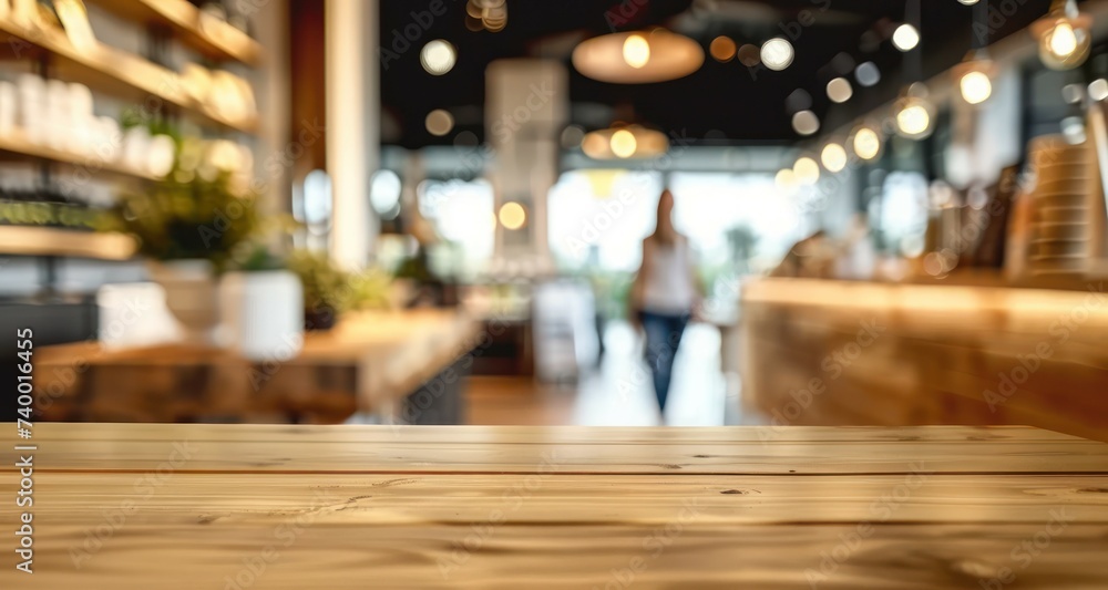 Wooden table in cafe perfect for product placement, with blurred background of female customer setting business and leisure ideal for showcasing ambiance of modern dining retail space