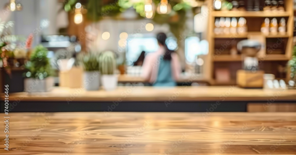 Wooden table in cafe perfect for product placement, with blurred background of female customer setting business and leisure ideal for showcasing ambiance of modern dining retail space
