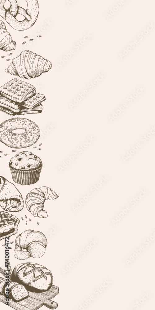 Vector border from bread, buns, waffles, croissant, pretzel. Vintage ...