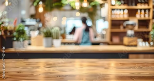 Wooden table in cafe perfect for product placement, with blurred background of female customer setting business and leisure ideal for showcasing ambiance of modern dining retail space © Thares2020