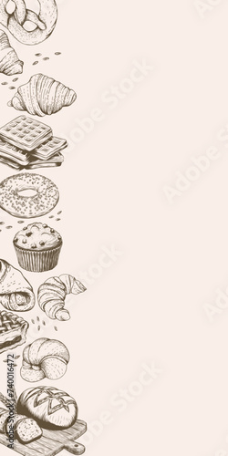 Vector border from bread, buns, waffles, croissant, pretzel. Vintage sketch background for bakery or baking shop with hand drawn dessert illustration. Copy space. Menu template. Engraving style.
