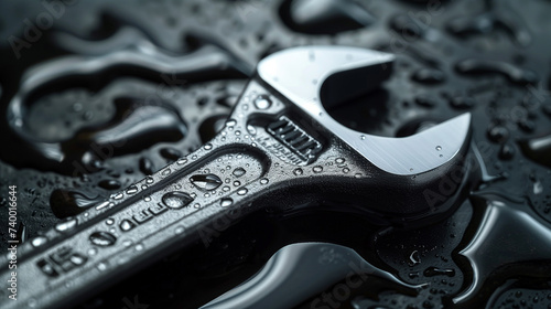 Wrench on wet black background. Shallow depth of field.