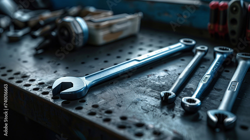 Spanners on the table in the workshop. Shallow depth of field. Abstract industrial background