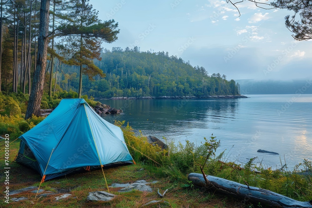Amidst the tranquil scenery of a sprawling lake and lush greenery, a sturdy tent stands tall under the open sky, inviting its campers to bask in the beauty of nature