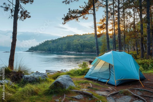 Amidst the serene landscape, a cozy tent sits nestled among trees and grass on the lake's shore, offering a tranquil retreat for a nature-loving camper