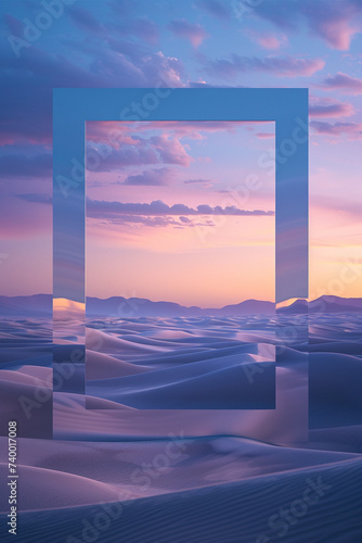 3d render of a simple poster frame with a backdrop of a serene desert under a twilight sky