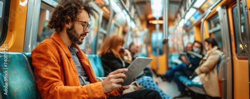 Man Sitting on Train Using Tablet