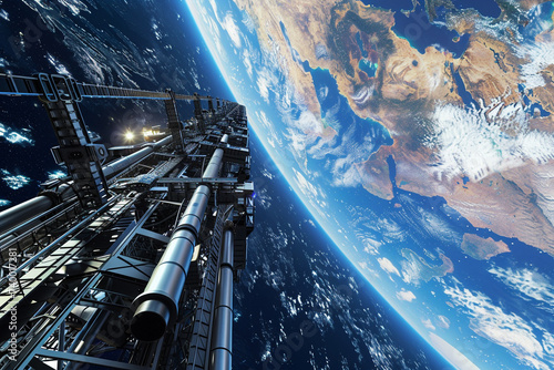 3d render of a space elevator connecting Earth to a geostationary platform