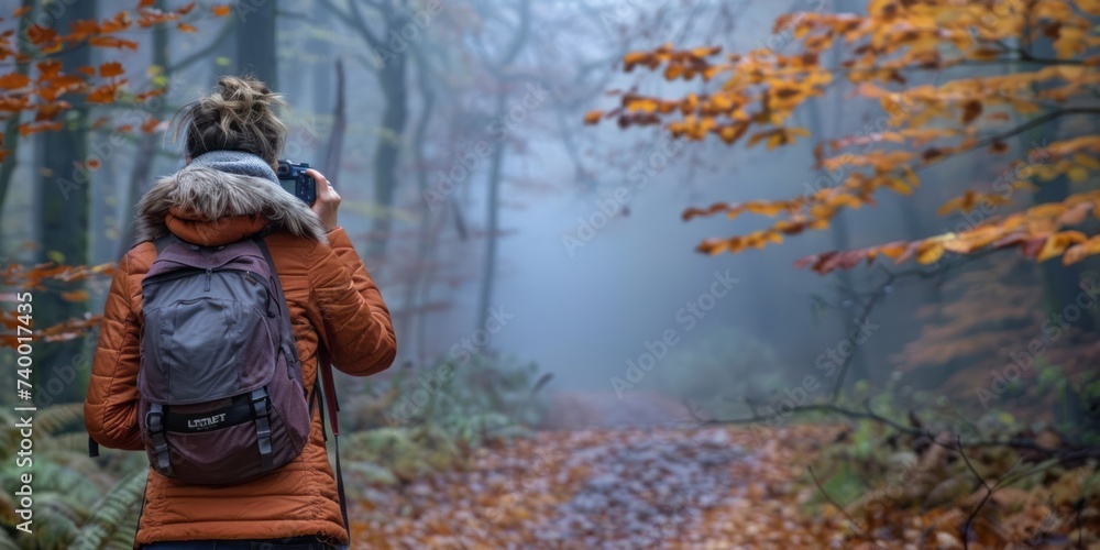 Female traveler capturing beauty of autumn forest young woman photography hiking embodying spirit of adventure and nature exploration showcasing happy tourist with camera and backpack Female traveler capturing beauty of autumn forest young woman photography hiking embodying spirit of adventure and nature exploration showcasing happy tourist with camera and backpack