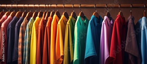 Multicolor shirts hanging on a rack. Shirts on a hanger in store or home in a wardrobe for lifestyle concept. © Alpa