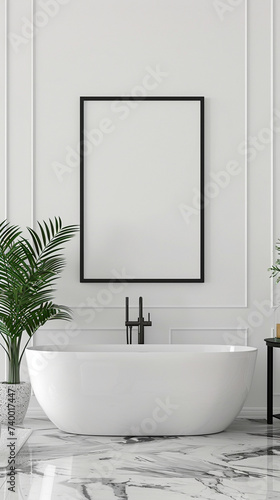 3d render of a vertical poster in a minimalist luxury bathroom with marble details