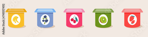 Sweet yogurt with blueberry, strawberry, kiwi,  banana, cherry flavor in plastic packaging.Yogurt food icon. Milk yoghurt.Vector illustration on a sandy background.