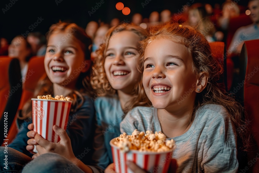 A cheerful group of young women indulging in delicious popcorn while enjoying a movie night in, their beaming smiles and casual attire adding to the cozy and carefree atmosphere