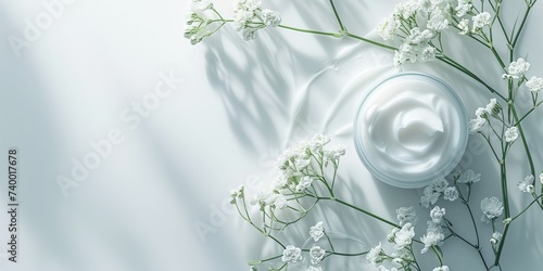 Abstract banner with skin care cosmetics with flowers on a white background. Minimalistic composition skin care concept. Top view.