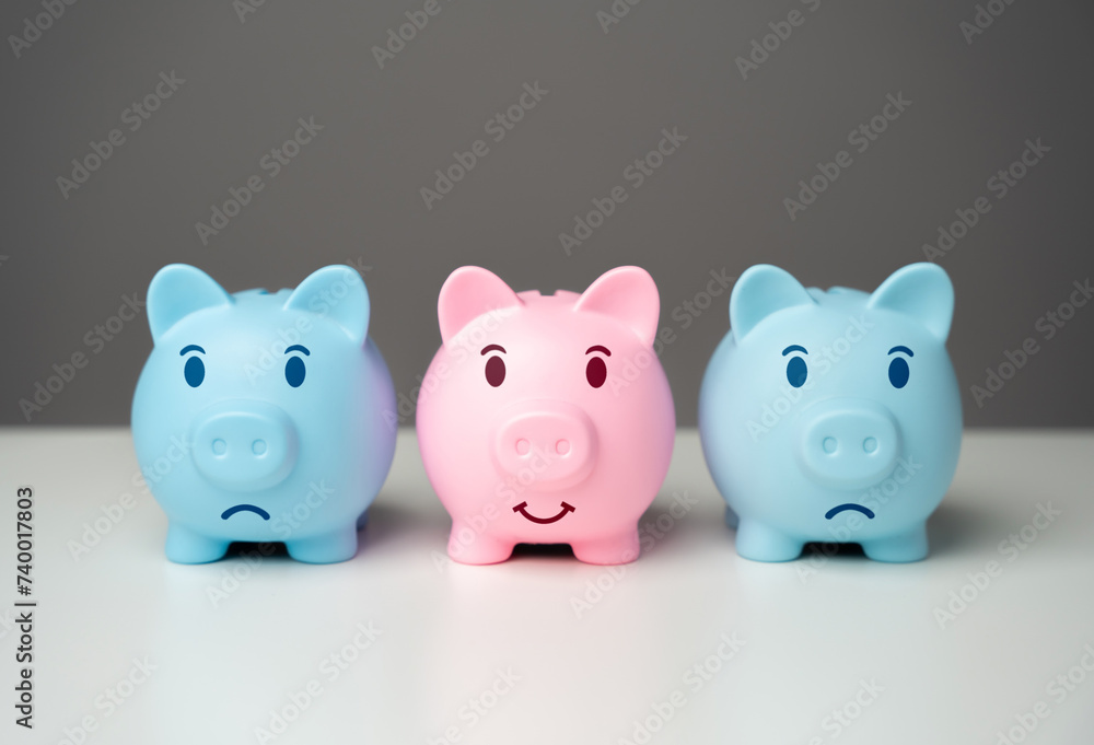 A happy piggy bank among sad ones. Save money in difficult economic conditions. A reliable and profitable way to save and invest. Economic depression. Stay in the black. Deposits A happy piggy bank among sad ones. Save money in difficult economic conditions. A reliable and profitable way to save and invest. Economic depression. Stay in the black. Deposits