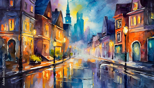 Abstract beauty view on city street painting. Evening cityscape. Urban chaos. Colorful town