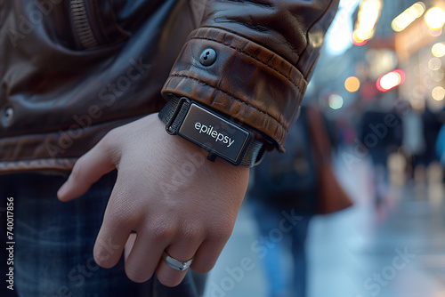 Close-up of a leather-clad arm wearing a wristband labeled "epilepsy". 