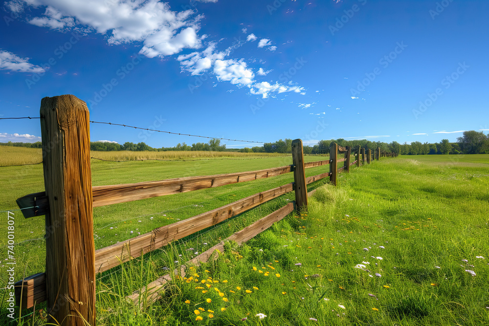 wooden fence and a field along with a blue sky. idyllica rural scene with wooden fence and fields