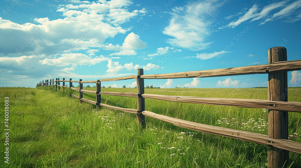 wooden fence and a field along with a blue sky. idyllica rural scene with wooden fence and fields