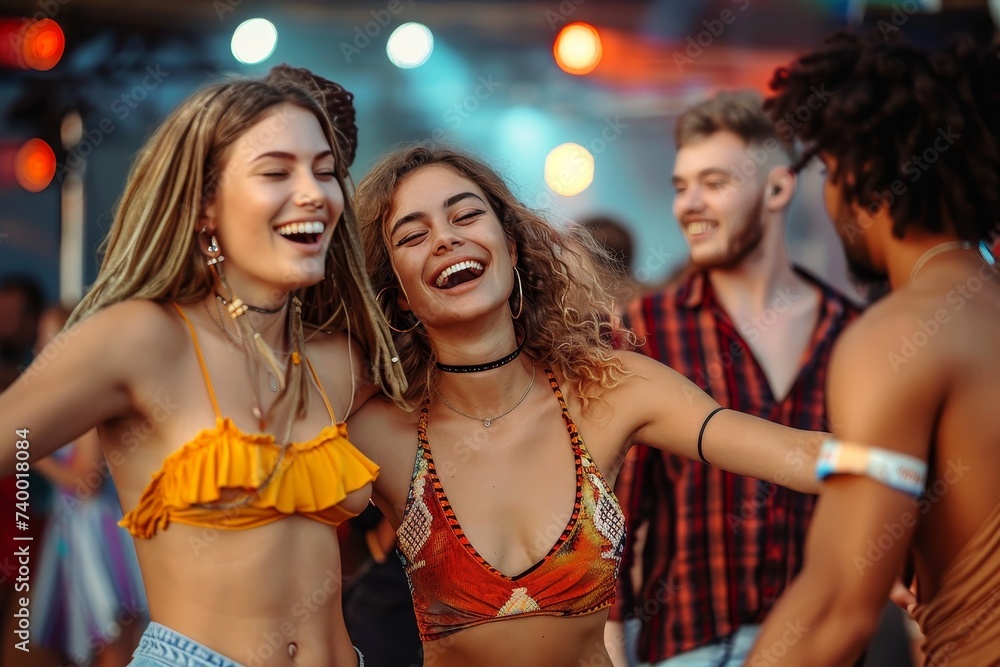 A group of showgirls smiling and dancing outdoors, their vibrant clothing and exposed abdomens revealing the joy and entertainment of the human experience