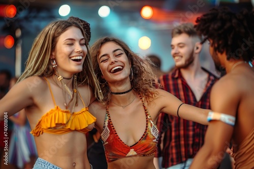 A group of showgirls smiling and dancing outdoors, their vibrant clothing and exposed abdomens revealing the joy and entertainment of the human experience