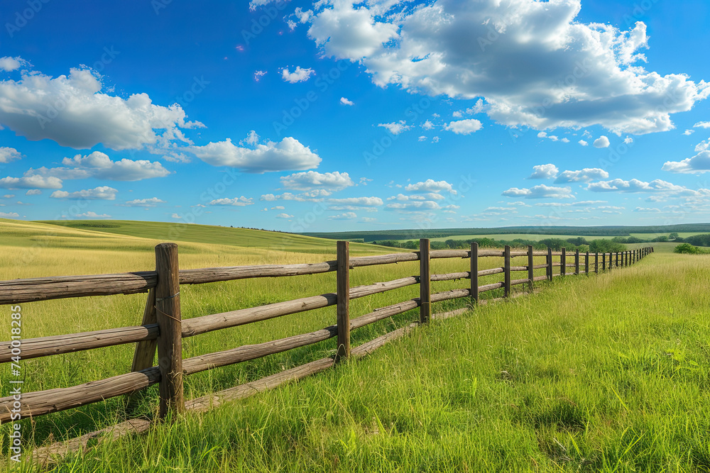 wooden fence and a field along with a blue sky. idyllica rural scene with wooden fence and fields