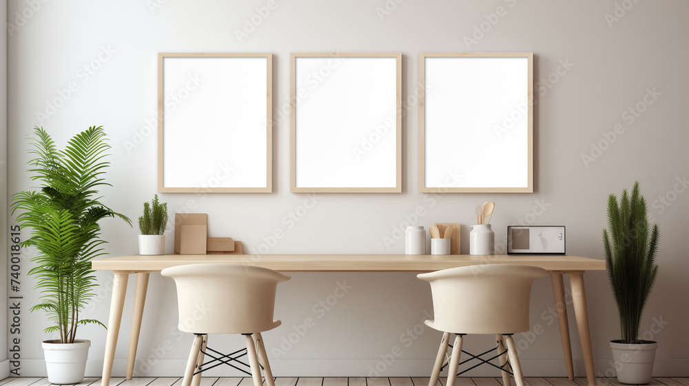 Clean and Bright Office Space with Trio of Blank Frames and Wooden Desk Clean and Bright Office Space with Trio of Blank Frames and Wooden Desk
