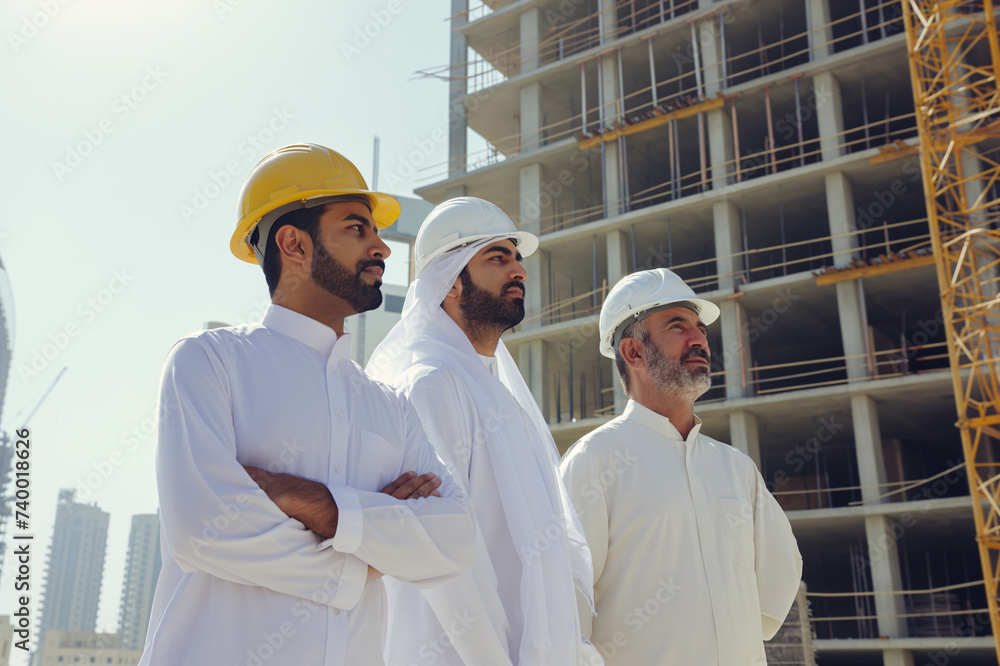 Muslim investor in white traditional outfit and two architects in hard hats stand at the construction site of a skyscraper Muslim investor in white traditional outfit and two architects in hard hats stand at the construction site of a skyscraper