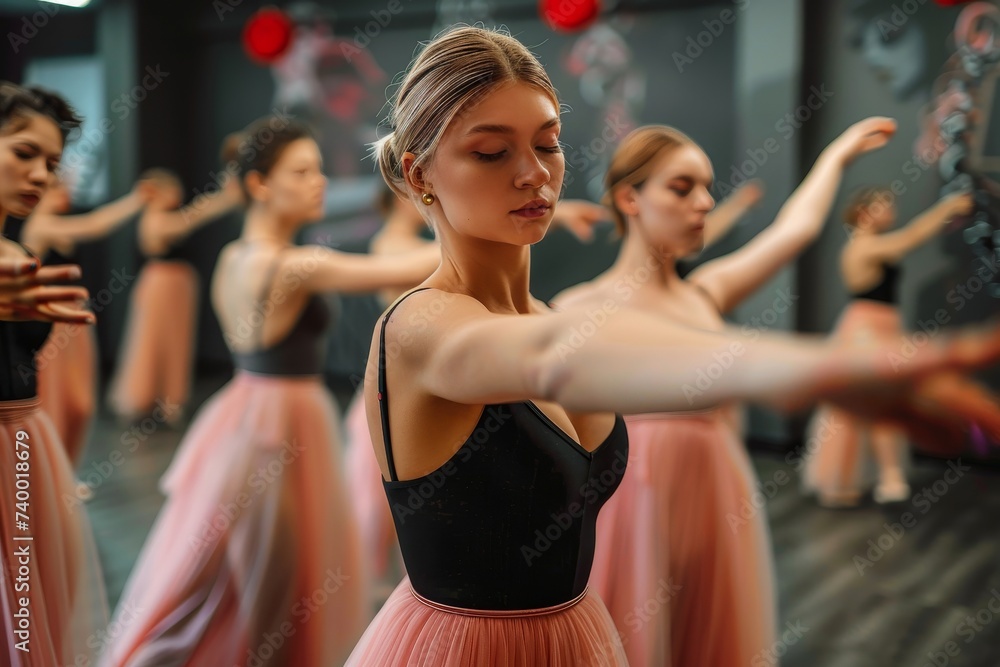 A lively group of women gracefully perform a choreographed dance routine in their elegant ballet attire, showcasing the beauty and strength of the human body while providing an entertaining and capti