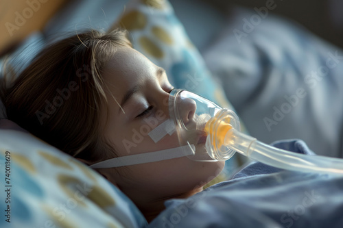 Girl 5 years wearing oxygen mask sleeping in bed, recovering after sickness in hospital ward