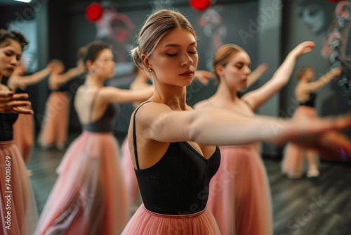 A lively group of women gracefully perform a choreographed dance routine in their elegant ballet attire  showcasing the beauty and strength of the human body while providing an entertaining and capti