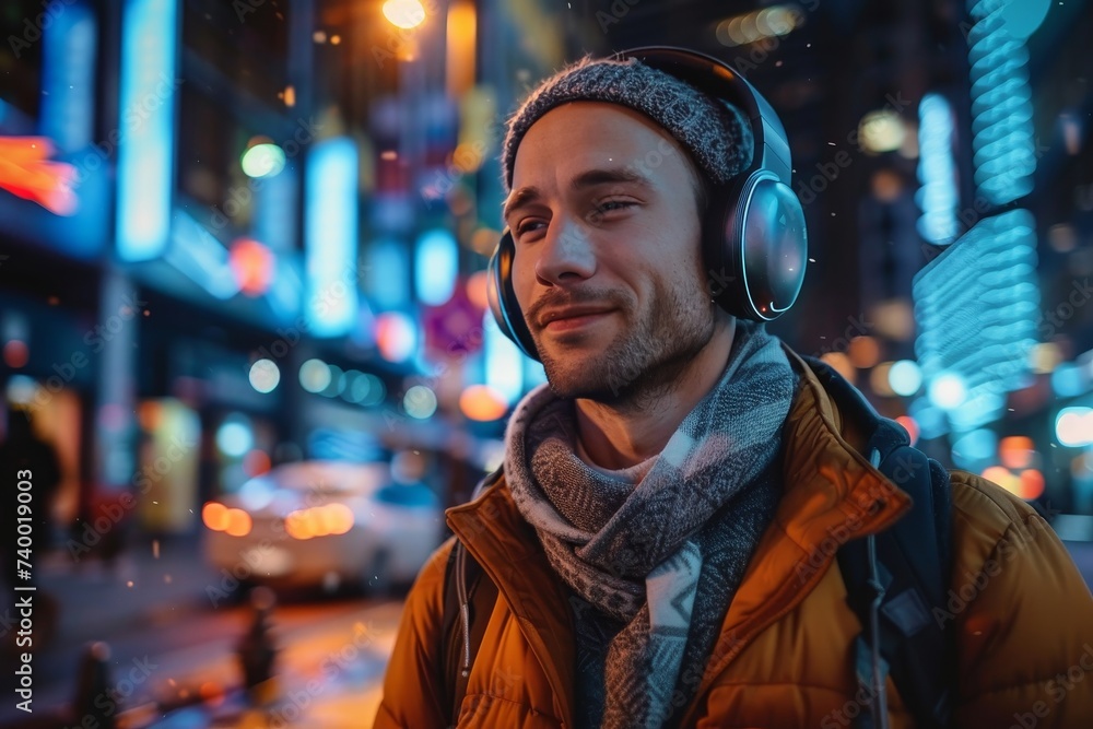 A stylish man walks down the snowy city streets at night, bundled up in a warm jacket and scarf, lost in the music from his headphones and the lights of the buildings surrounding him A stylish man walks down the snowy city streets at night, bundled up in a warm jacket and scarf, lost in the music from his headphones and the lights of the buildings surrounding him