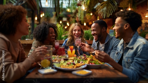 Multiracial friends laughing and sharing food at table while sitting at warm-lit eatery. Lunch break together. Concept of friendship  multicultural  nationalities  togetherness  party  lifestyle.